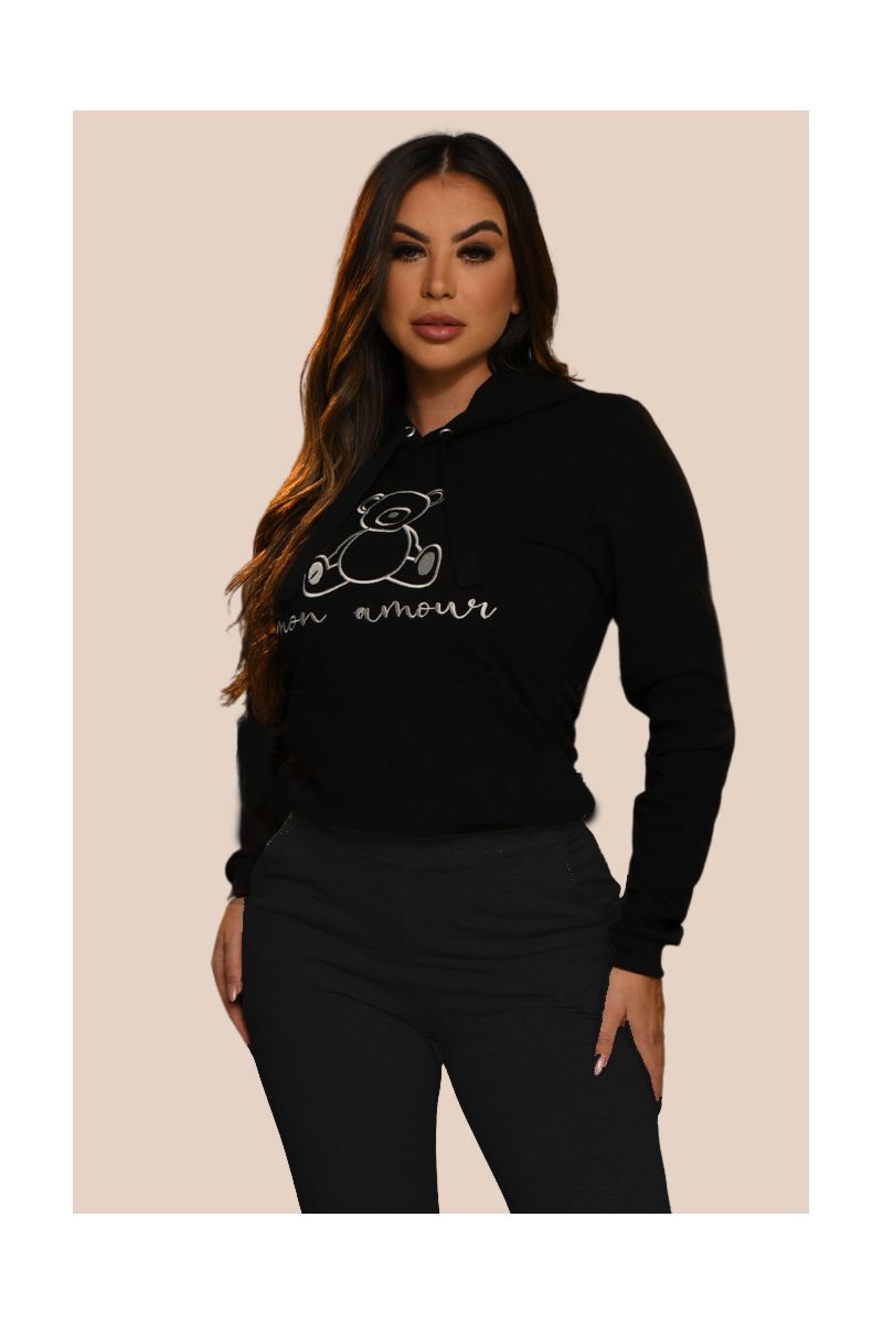 Conjunto Blusa Moletinho Canguru Bordado Mon Amour Preto