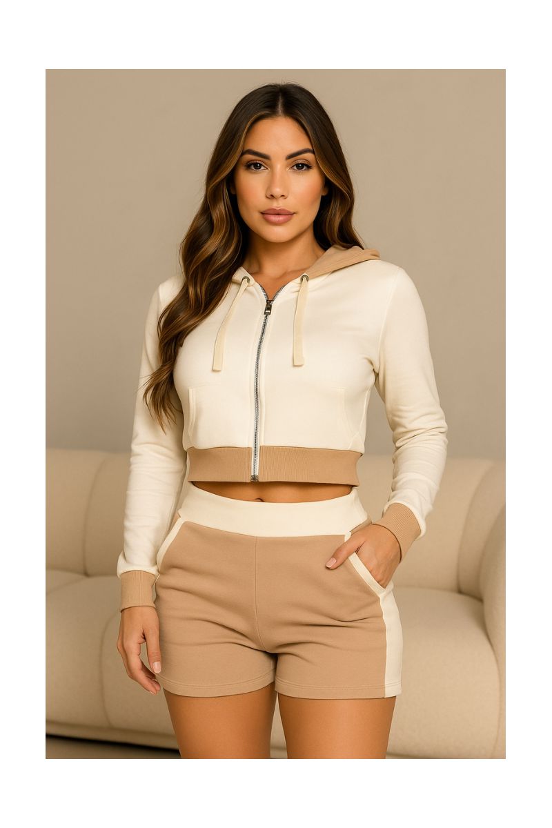 Conjunto Cropped Moletinho Blusa com Zíper E Short Eiffel 