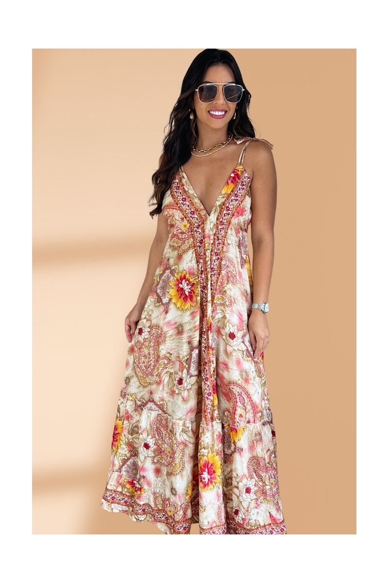 Vestido Seda Bromélias Vermelho