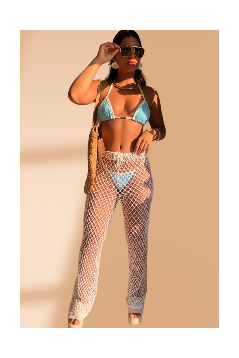 Kit Calça Crochê Búzios Branca + Biquini Cortininha Marquinha de Fita Azul