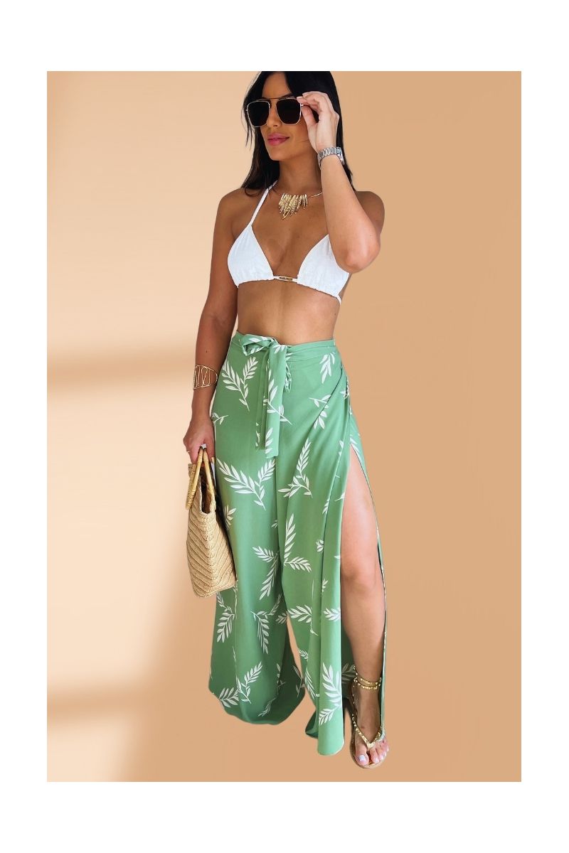 Calça Pantalona Envelope Folhagens