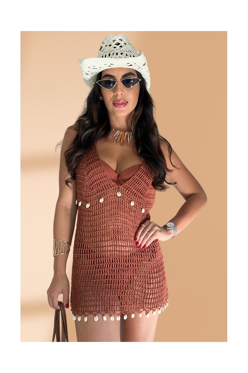 Vestido Crochê Alça Búzios Marrom