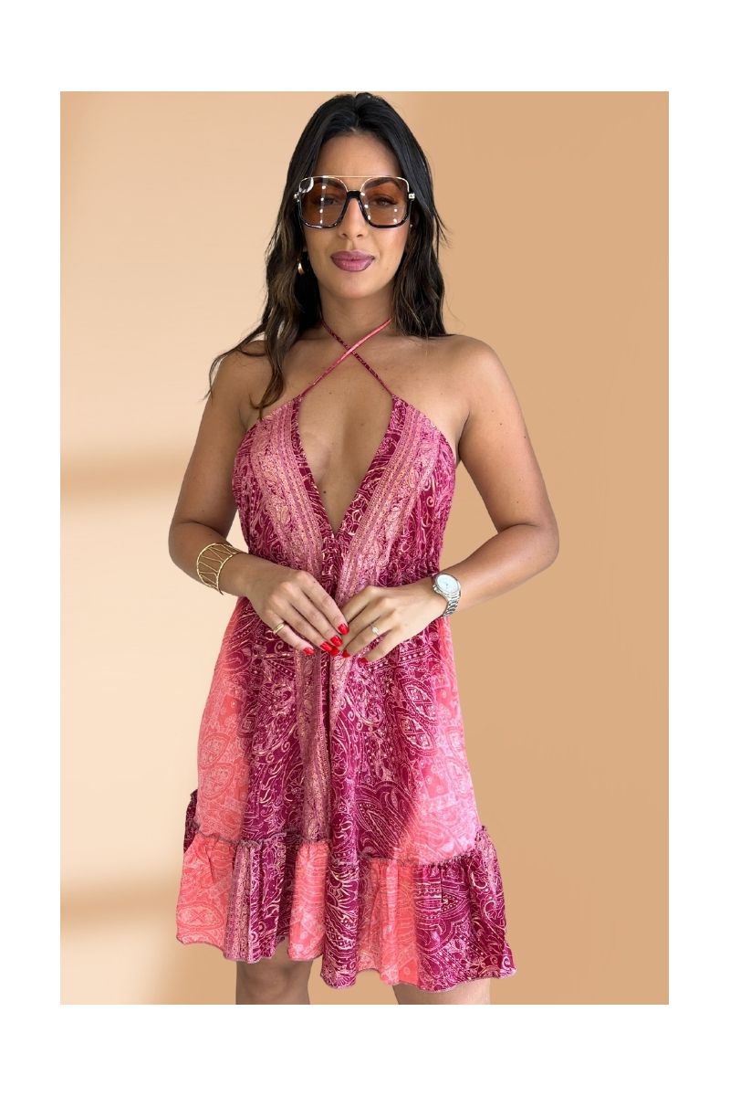 Vestido Seda Curto Vermelho e Coral