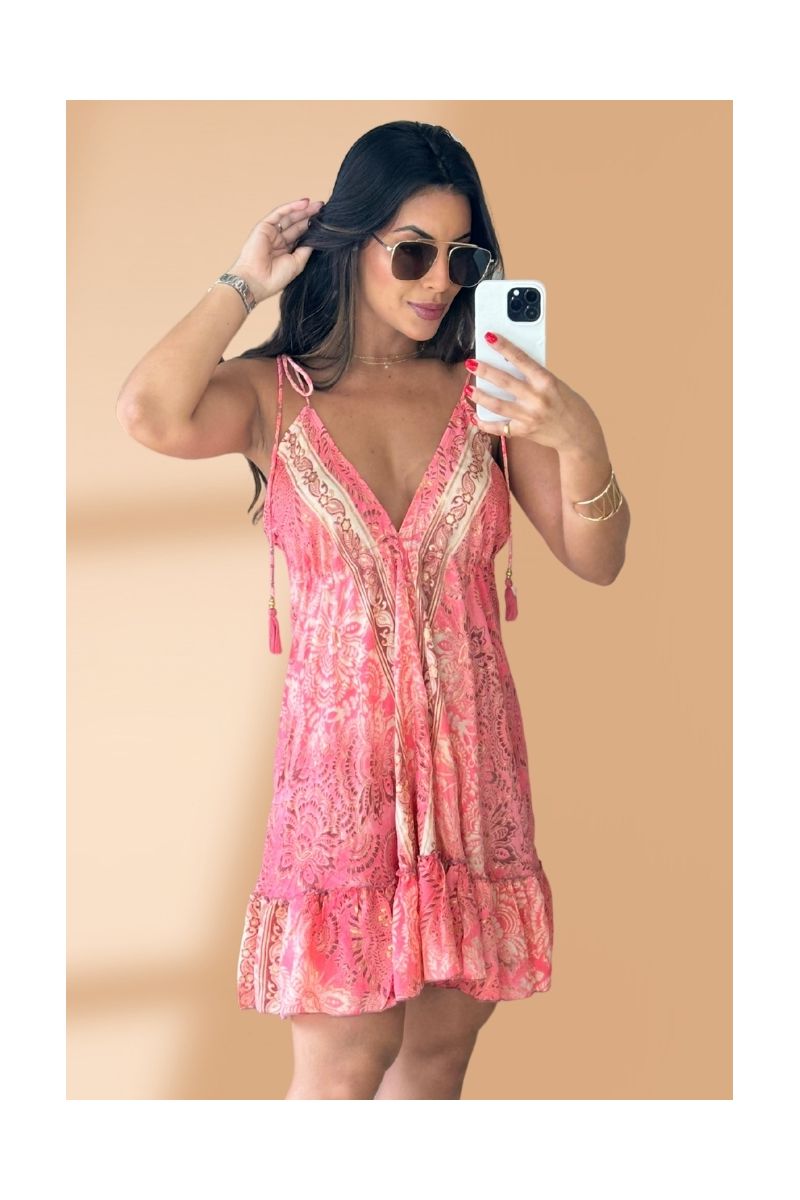 Vestido Seda Curto Coral