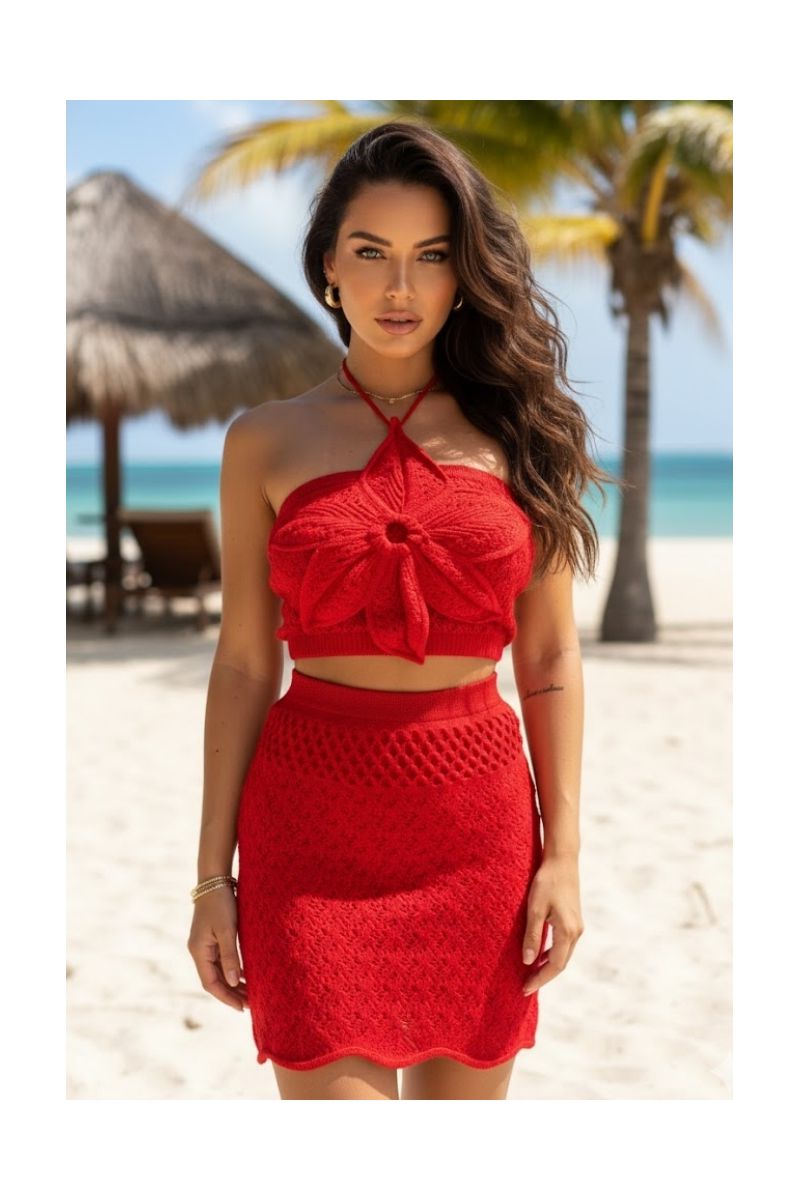 Conjunto Crochê Flor Vermelho