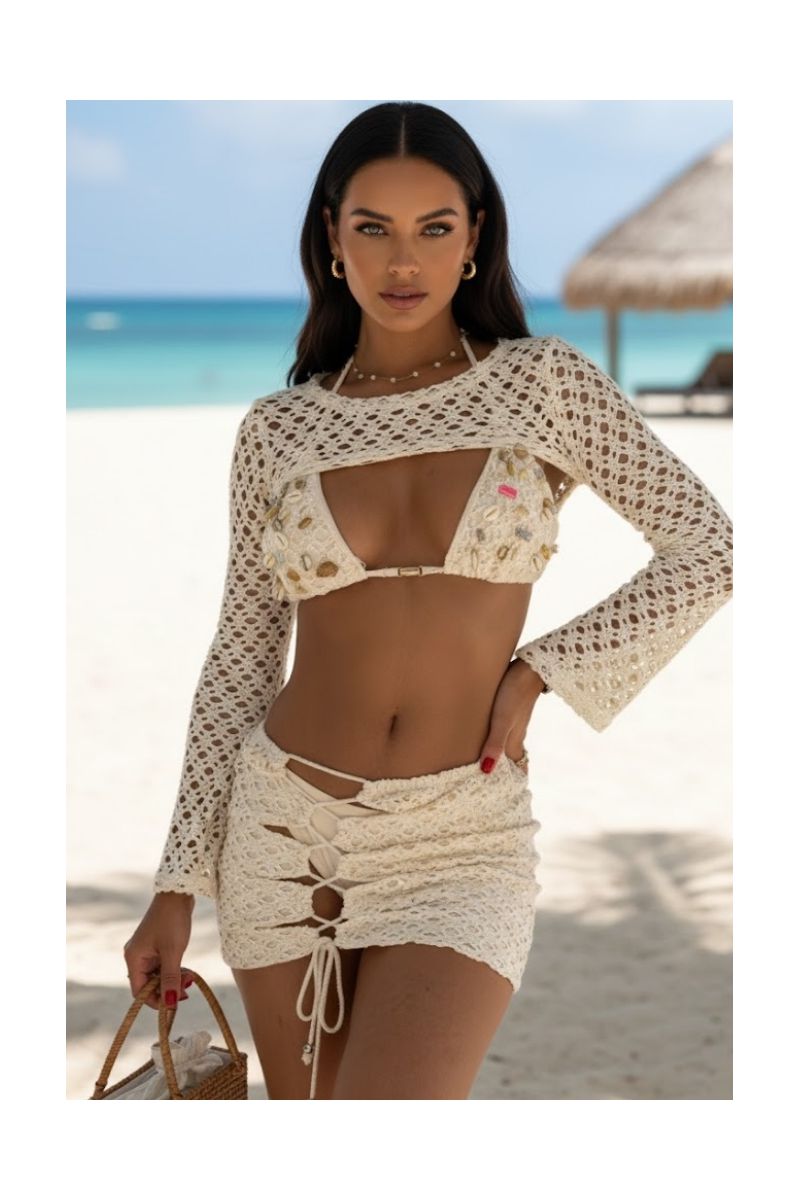 Conjunto Malha Conchas Douradas