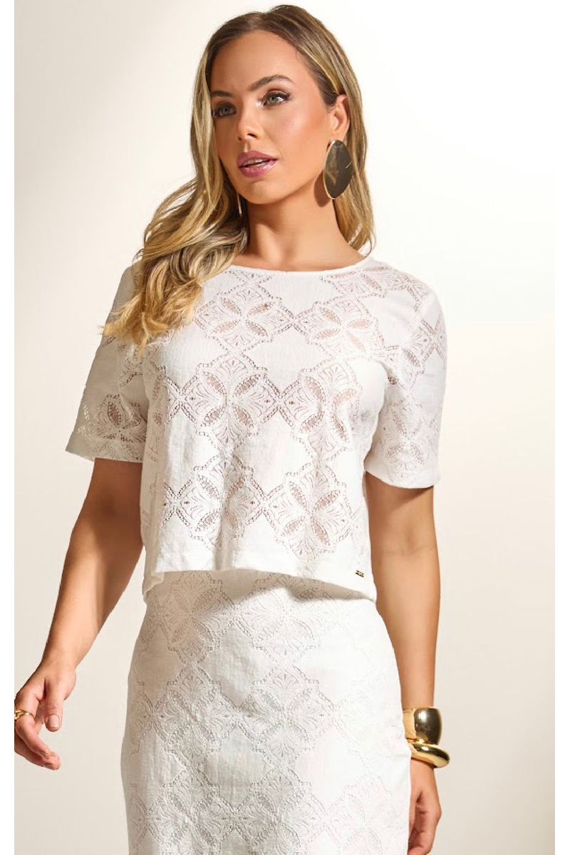 Blusa Manga Curta Em Renda Off-White - Displicent