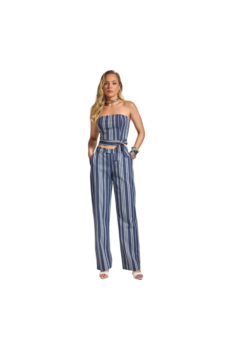 Calça Reta Linho Listrado - Displicent