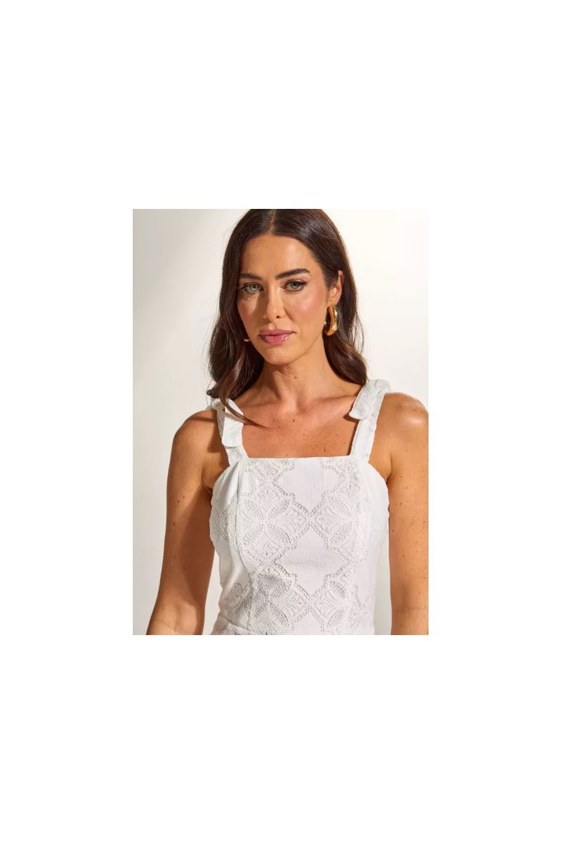 Vestido Midi em Renda com Alça Off-White