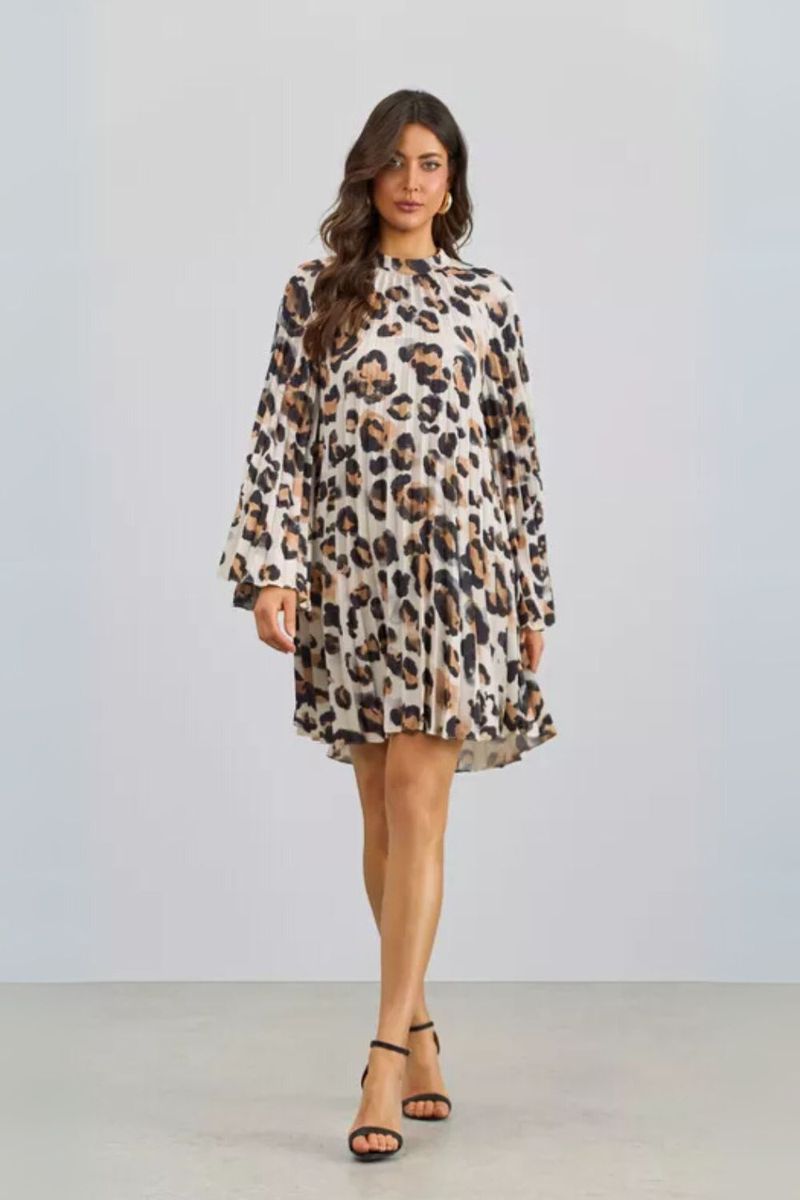 Vestido Curto Manga Longa Plissado Onça