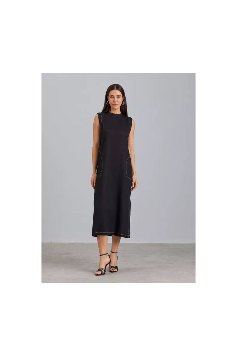 Vestido Midi Em Linho Com Pesponto