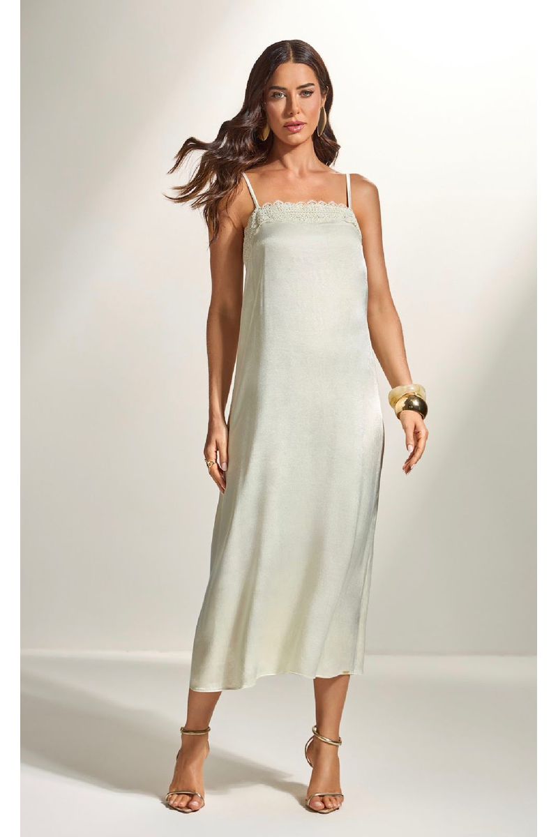 Vestido Midi Acetinado Com Renda 