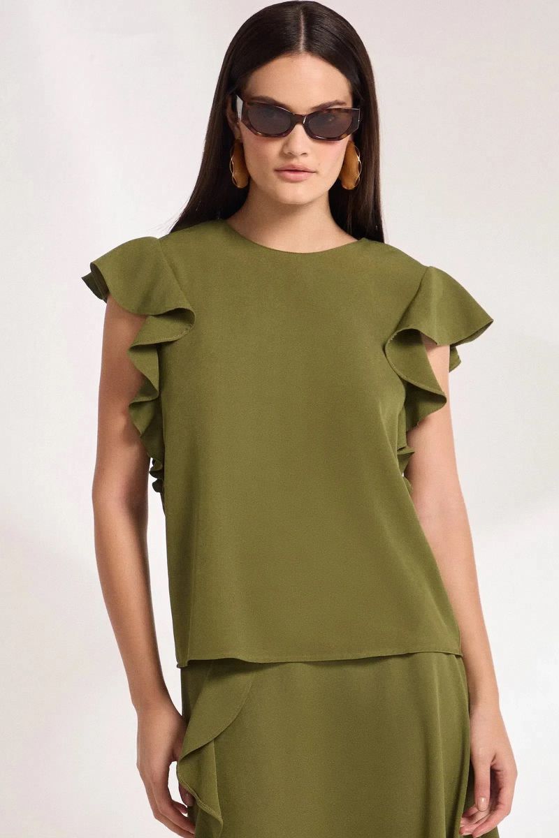 Blusa com Babados em Crepe Verde Escuro