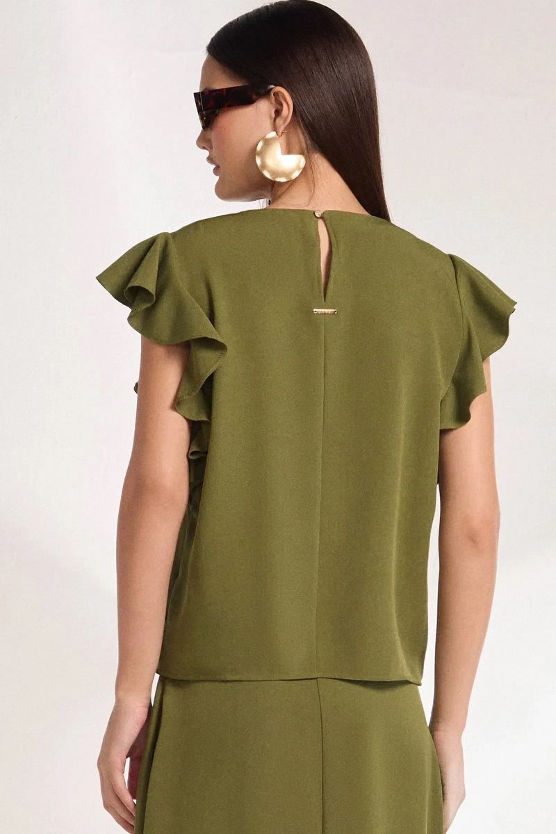 Blusa com Babados em Crepe Verde Escuro