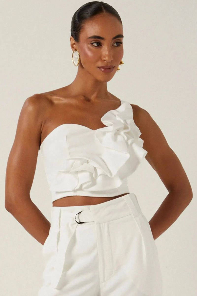 Blusa Um Ombro Só em Blend de Viscose Off-White