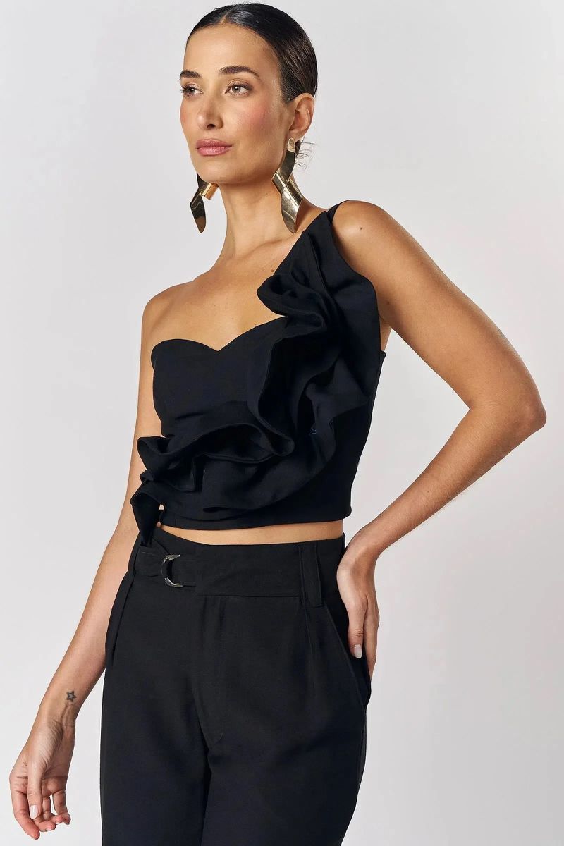 Blusa Um Ombro Só em Blend de Viscose Preto