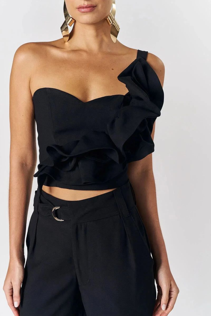 Blusa Um Ombro Só em Blend de Viscose Preto