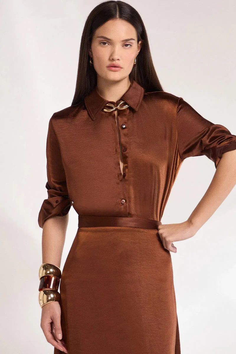 Camisa Manga Longa Em Tecido Acetinado Marrom