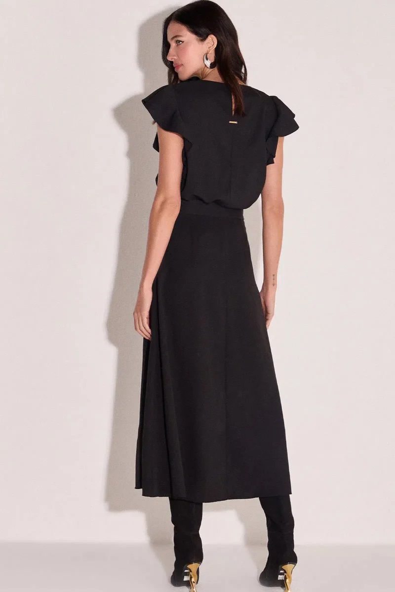 Saia Maxi Midi Babados Em Crepe Preto