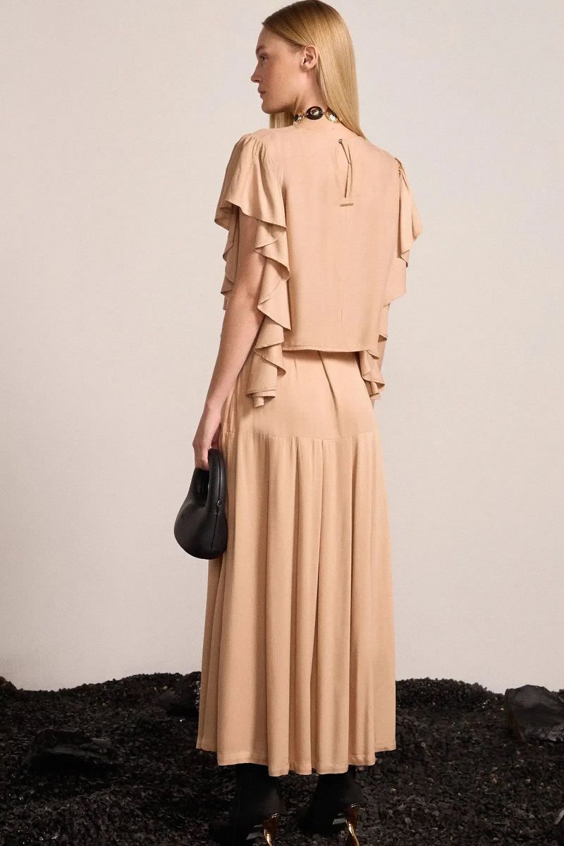 Saia Maxi Midi com Pregas em Viscose Bege
