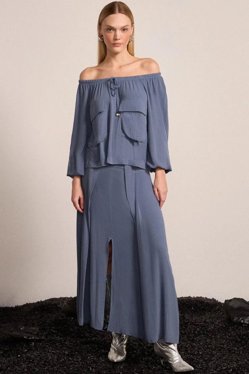 Saia Maxi Midi em Crepe Azul Escuro 