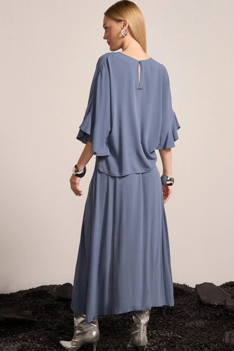 Saia Maxi Midi em Crepe Azul Escuro 