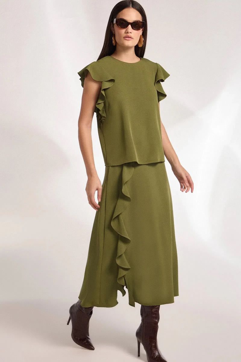 Saia Maxi Midi Babados em Crepe Verde Escuro