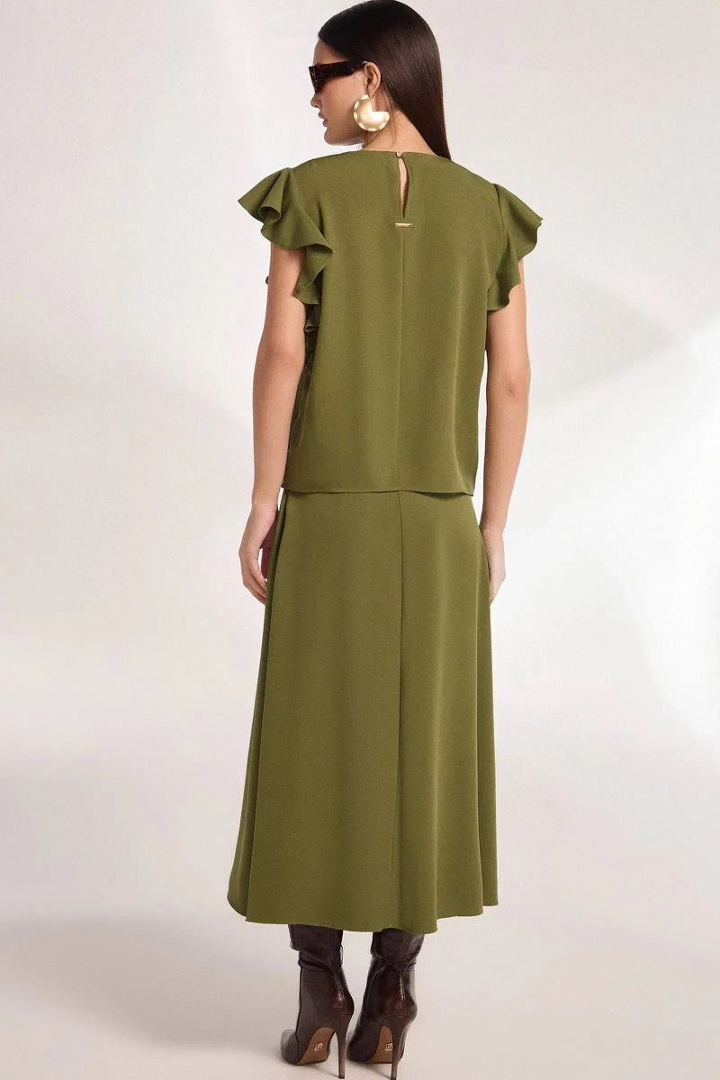 Saia Maxi Midi Babados em Crepe Verde Escuro