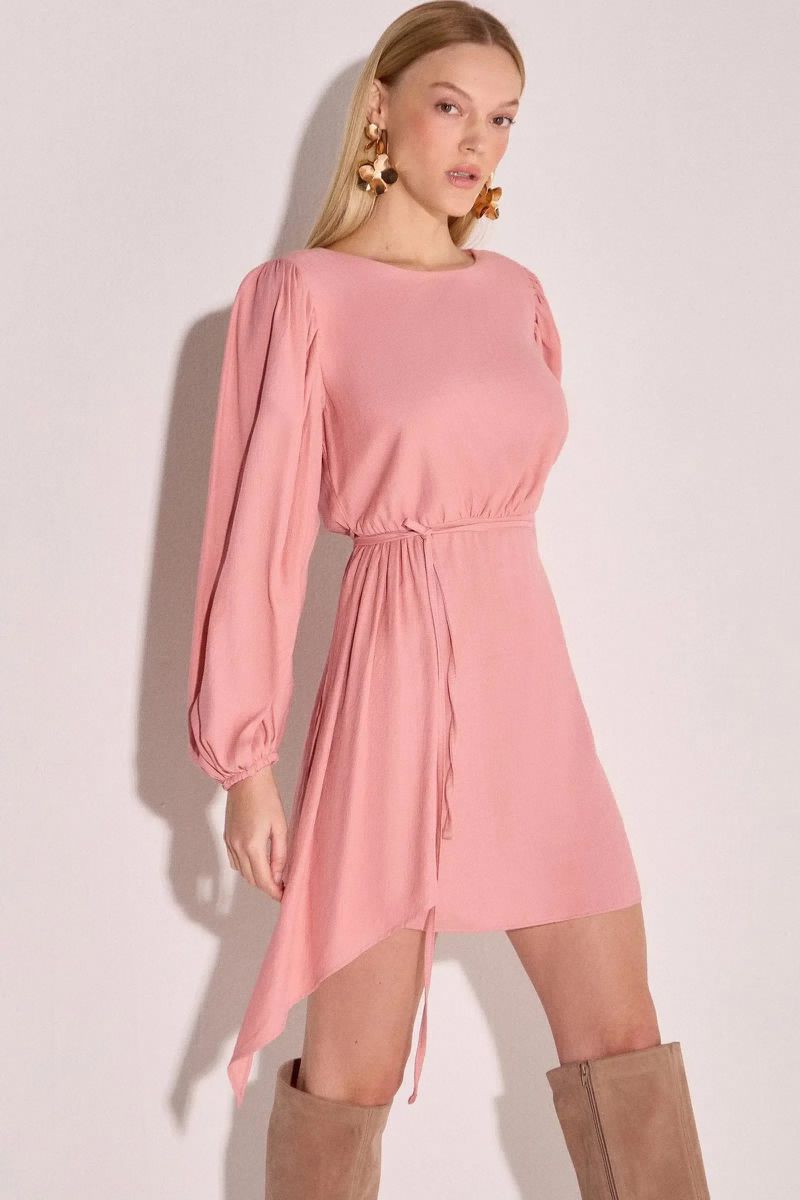 Vestido Manga Longa em Crepe Rosa
