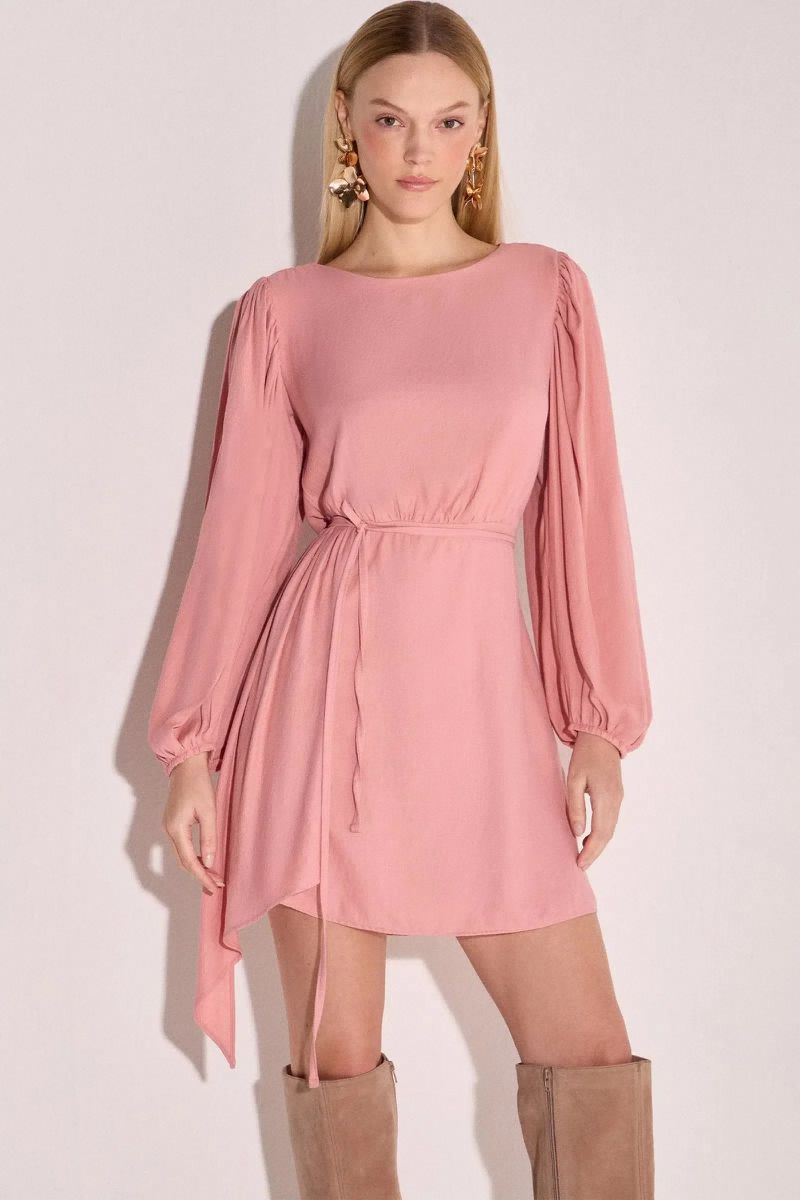 Vestido Manga Longa em Crepe Rosa