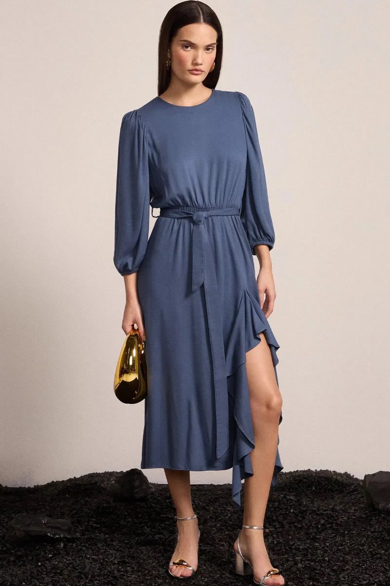Vestido Midi em Blend Viscose Azul Escuro 