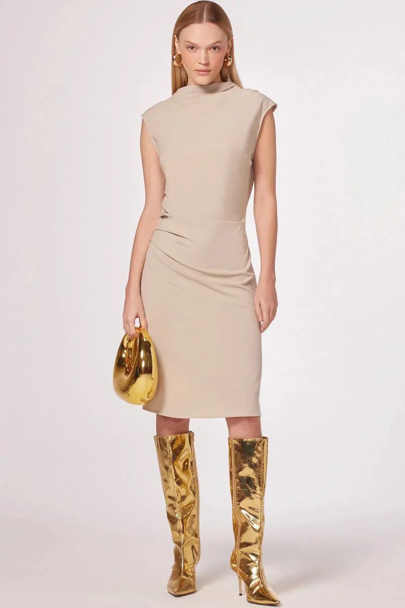 Vestido Midi Em Crepe Alfaiataria Bege Claro