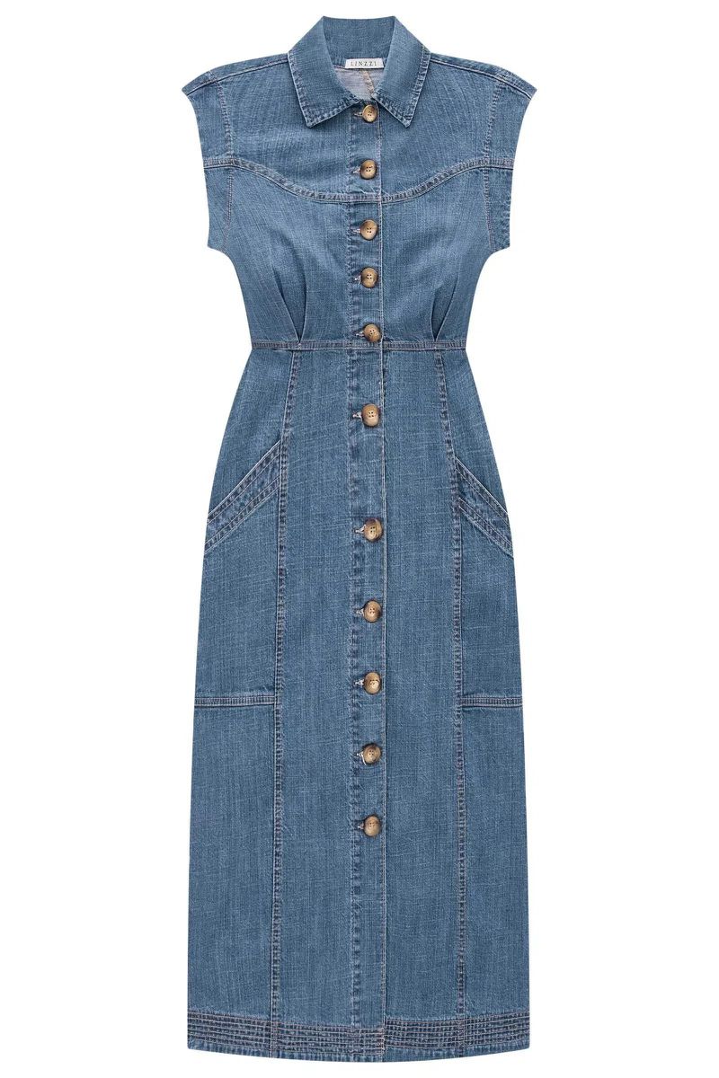 Vestido Midi em Denim com Linho Linzzi