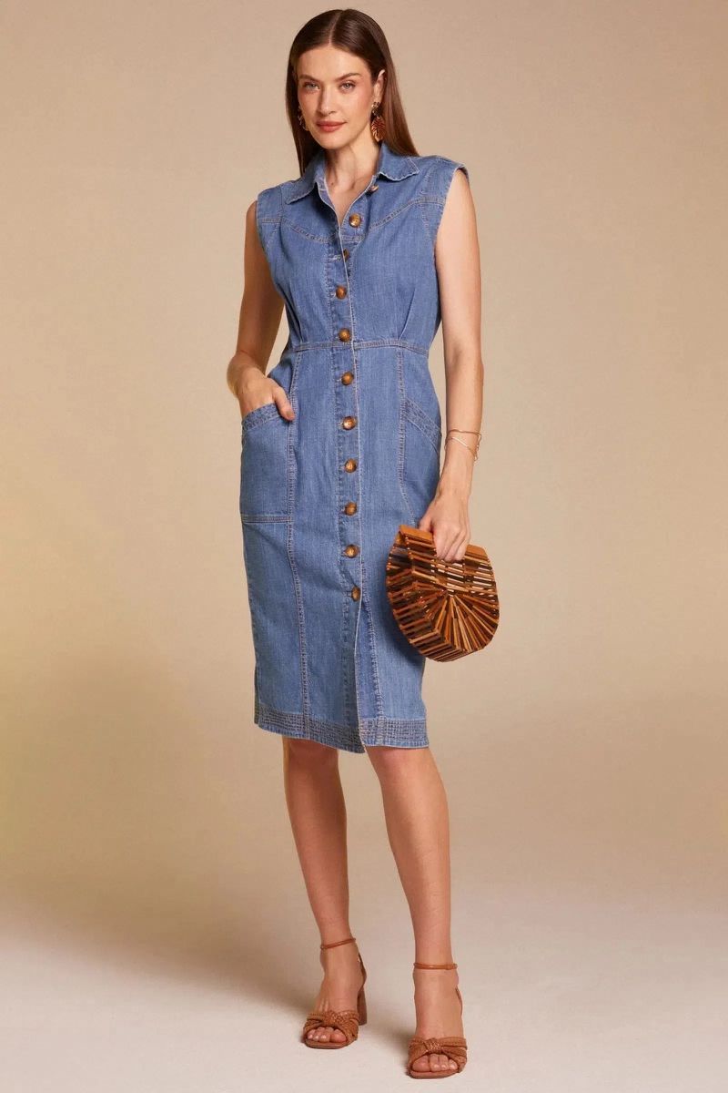 Vestido Midi em Denim com Linho Linzzi