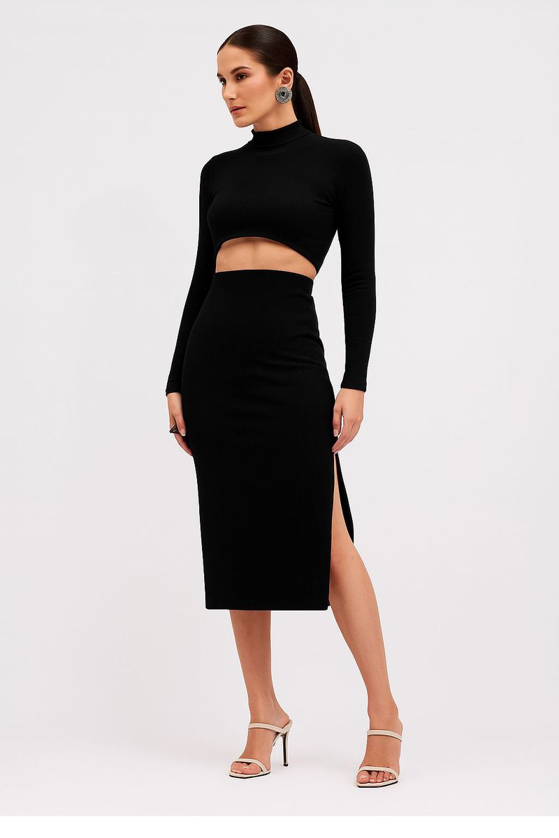 Saia Sommer Midi Canelada Preto