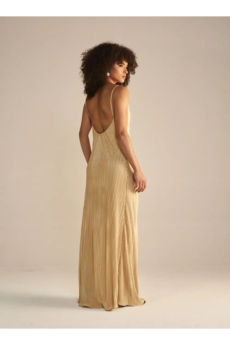 Vestido Longo Plissado Bege