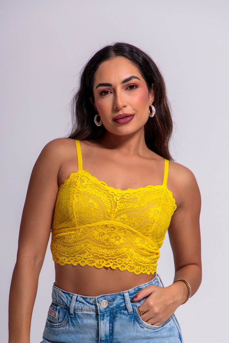 CROPPED FAIXA EM RENDA E TULE- amarelo - 4531 - OUSEUSE