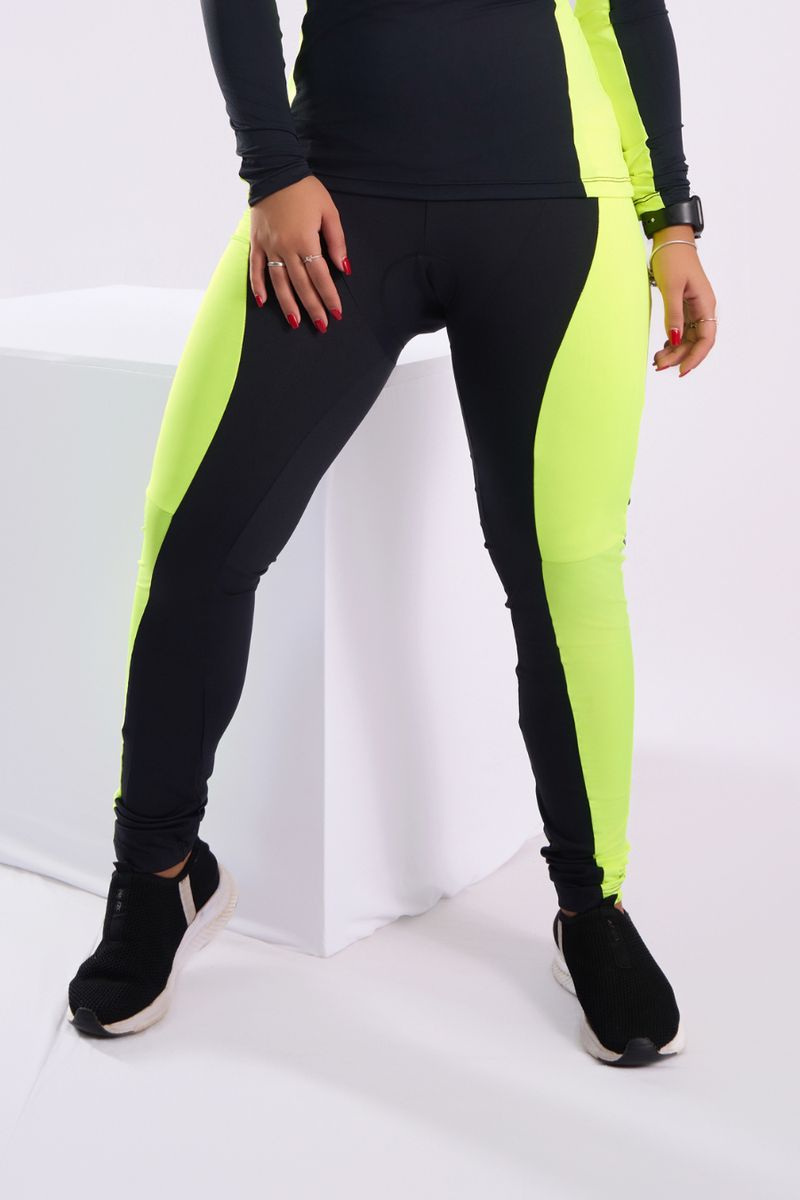 CALÇA LEGGING CICLISTA FEMININA-PRETO COM AMARELO ... - OUSEUSE