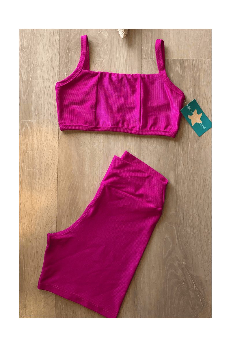 Conjunto Short Canelado Textura Brilho Sem Bolso Top Alça Básico Pink- Ref.010