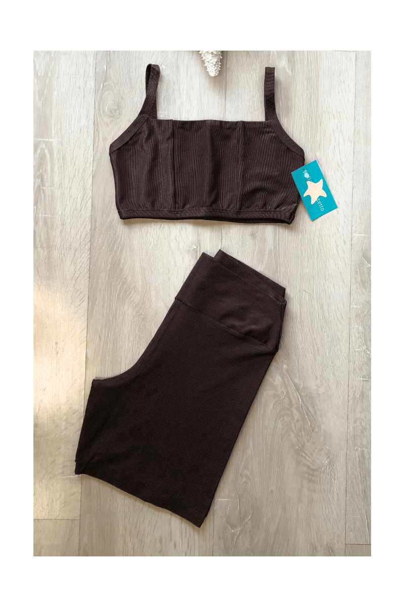 Conjunto Short Canelado Textura Brilho Sem Bolso Top Alça Básico Marrom- Ref.010