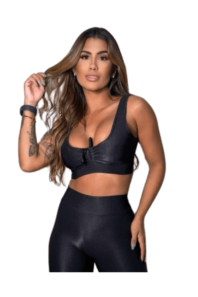 Conjunto Canelado Top Alça Larga Puxar No Decote E Short Básico Preto- Ref.011