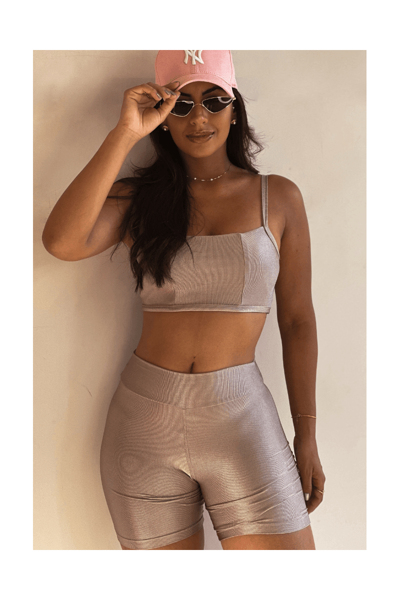 Conjunto Canelado Top Alça Larga Puxar No Decote E Short Básico Metalizado- Ref.011