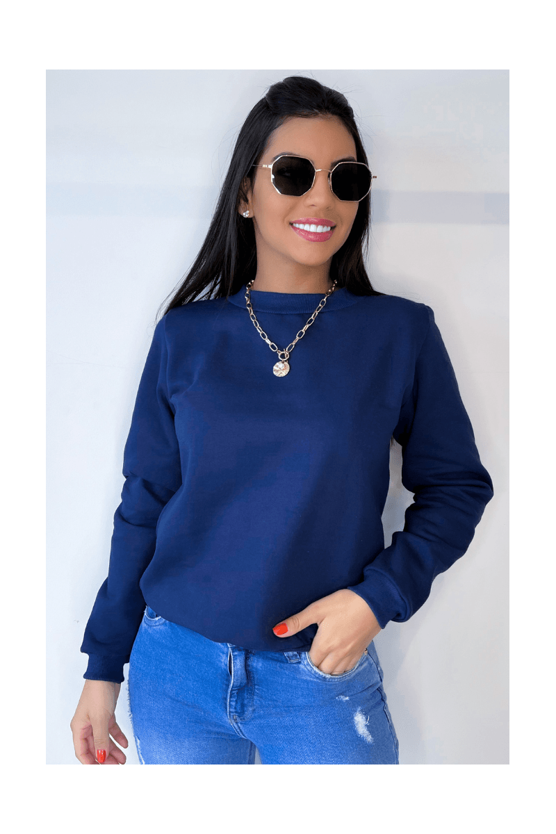 Blusa De Moletom Feminino Gola Careca Azul Marinho