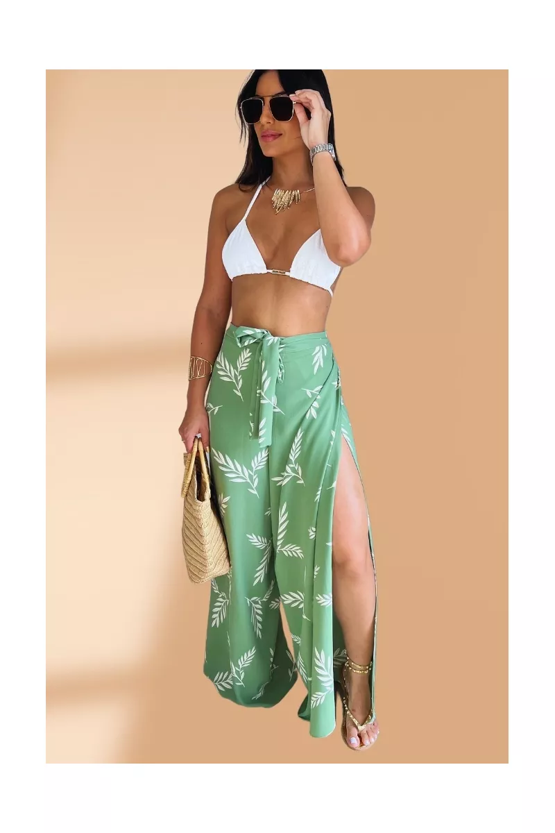 Calça Pantalona Envelope Folhagens