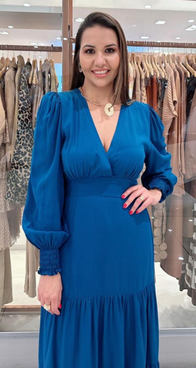 Vestido Longo de Manga Longa Princesa Azul Petróleo