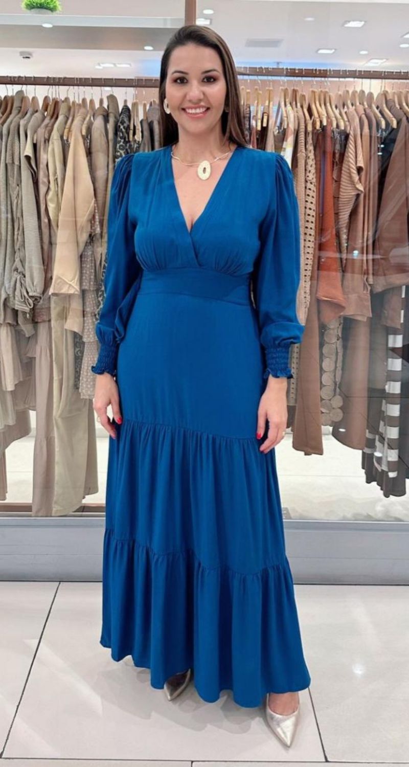 Vestido Longo de Manga Longa Princesa Azul Petróleo