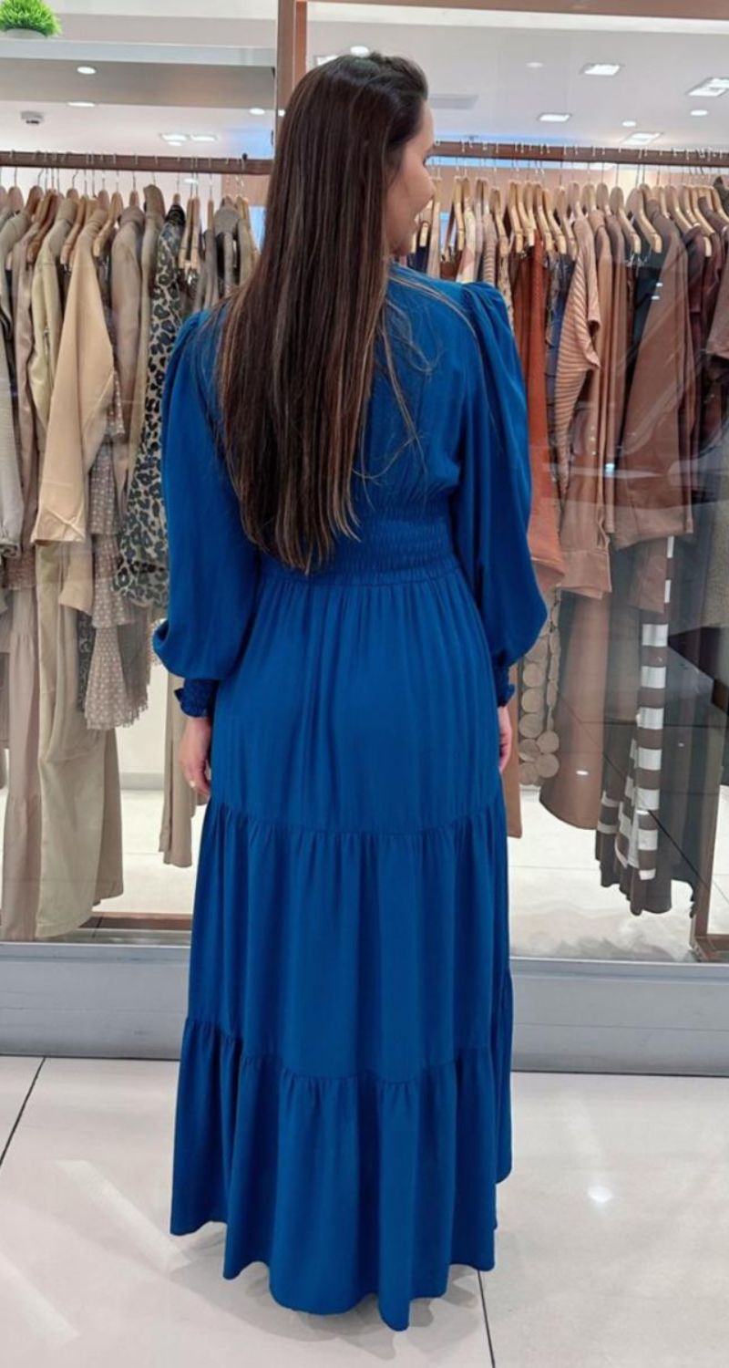 Vestido Longo de Manga Longa Princesa Azul Petróleo