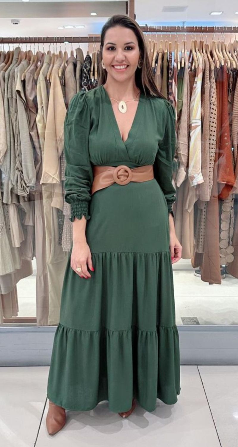 Vestido Longo de Manga Longa Princesa Verde