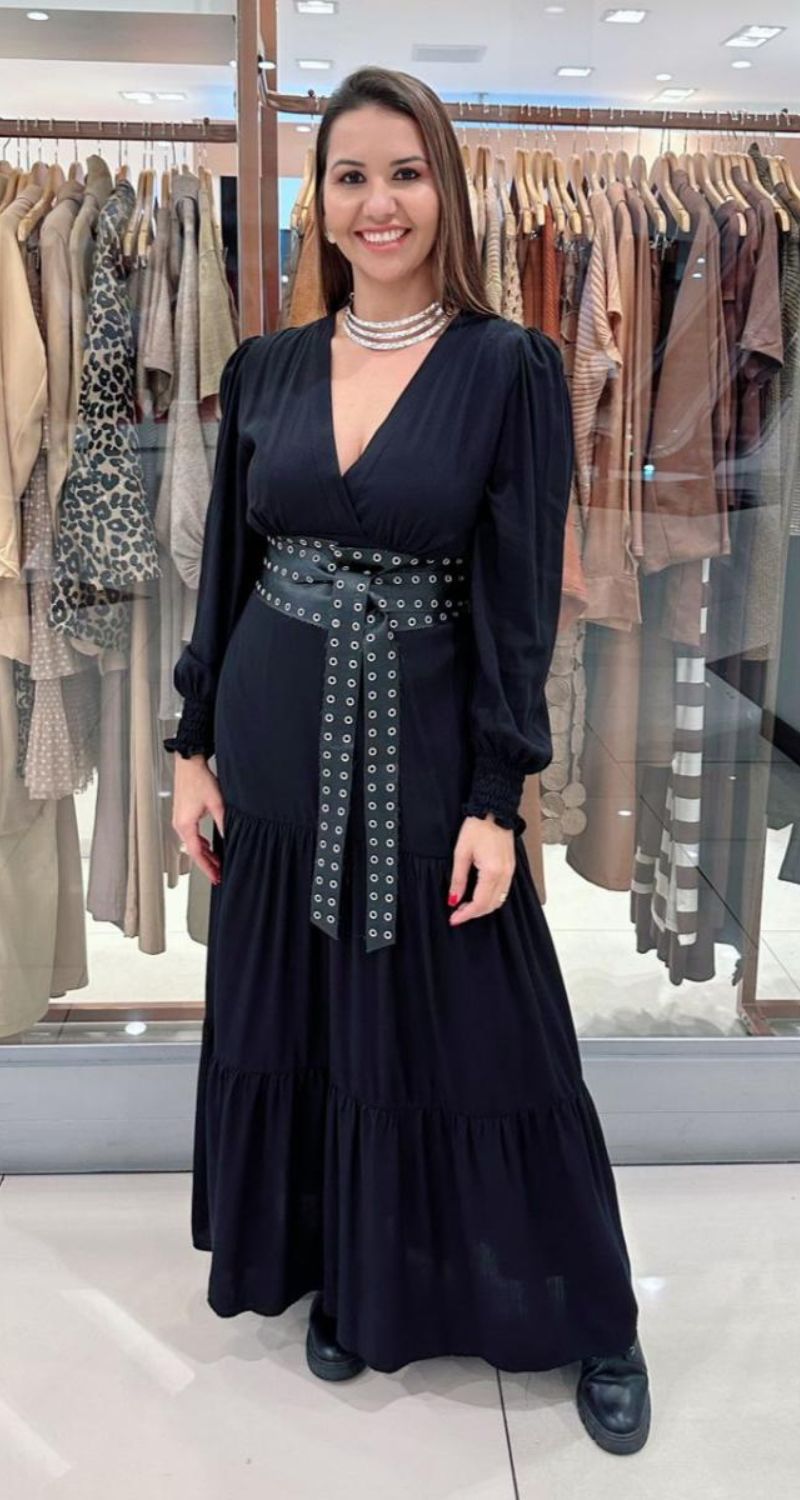 Vestido Longo de Manga Longa Princesa Preto