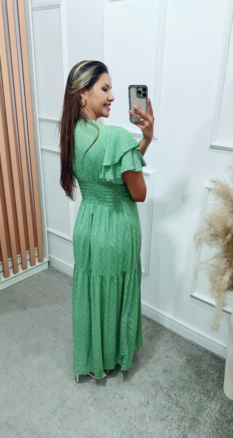 Vestido Estela Manga Dupla Babados Verde Sálvia Poá